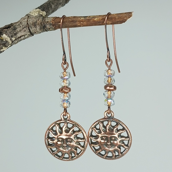 HAND CRAFTED Copper Sun Face Dangle Earrings Artisan Glass Celestial - Picture 2 of 6